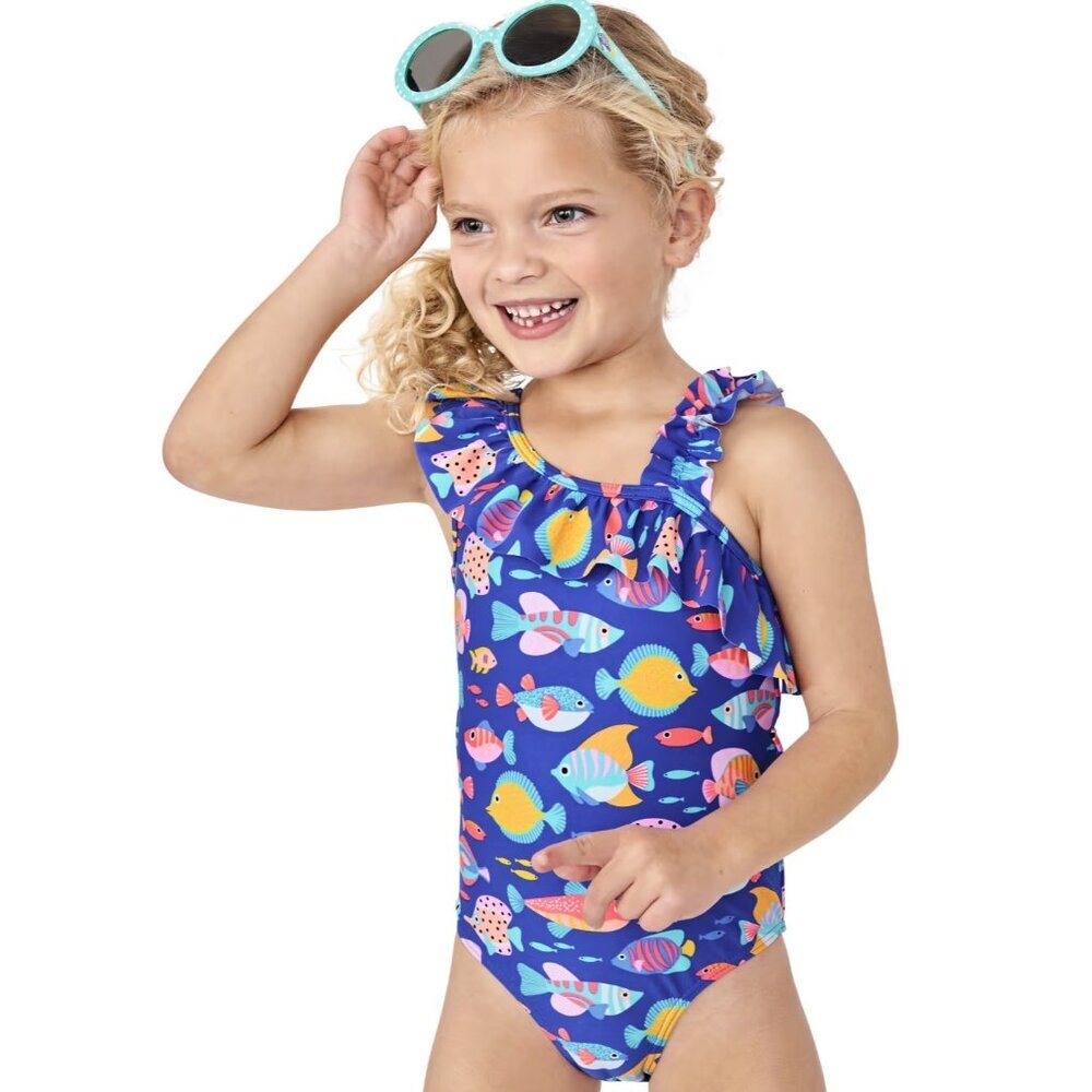 Gymboree Baby Girls 12-18M Fish Ruffle One Piece Swimsuit Splish-Splash Blue 456